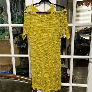POL Yellow Crochet Swimsuit Cover Dress with Cold Shoulder Size Small